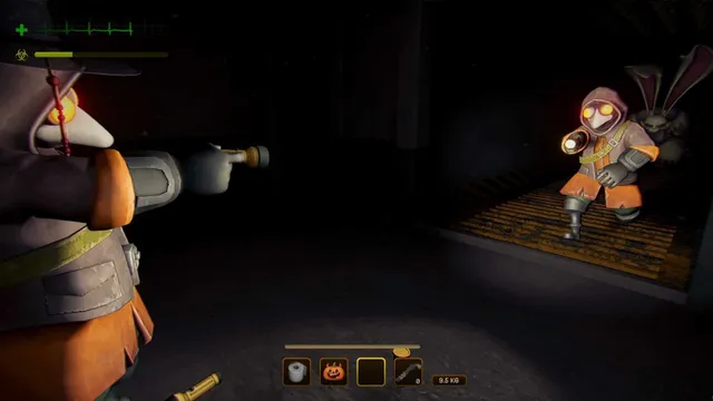 MIMESIS: a player points a flashlight down a dark corridor at a masked crew member walking toward them, a white rabbit figure behind