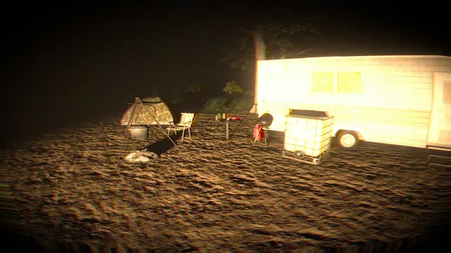 Mimic Search screenshot: a camp with a tent and chairs beside a trailer, lit in the dark