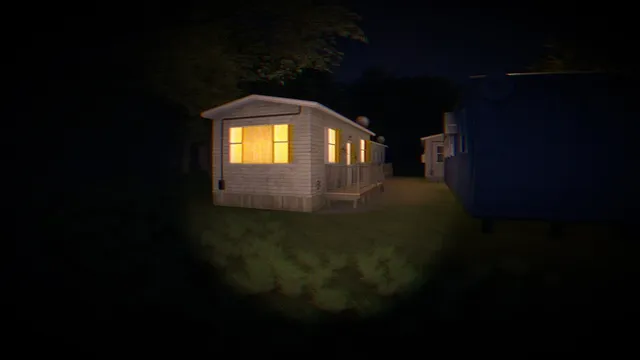 Mimic Search screenshot: a trailer with lit windows seen by flashlight in the dark