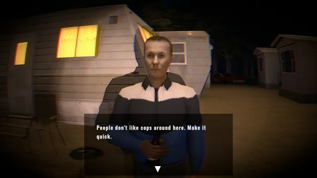 Mimic Search screenshot: a resident outside a lit trailer saying people don't like cops around here