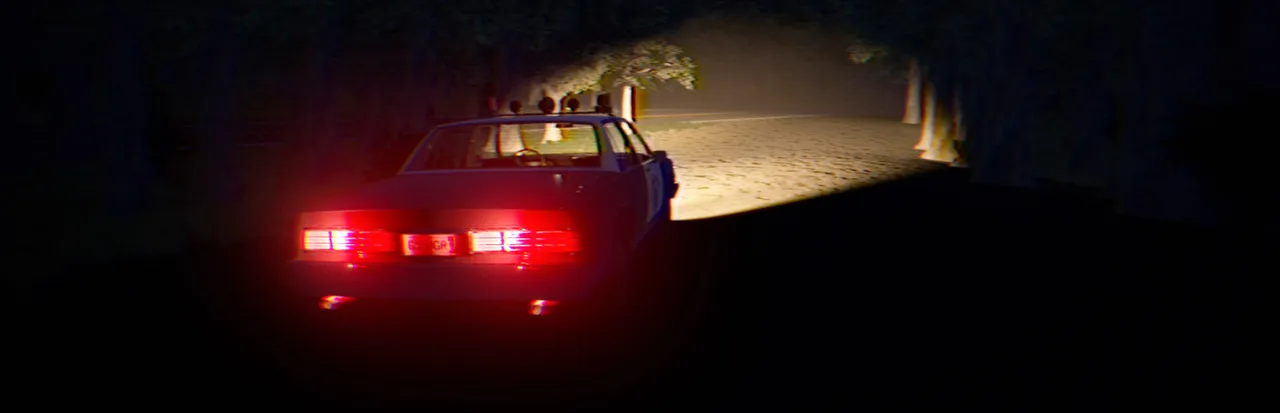 Mimic Search key art: a police car with glowing red tail lights parked on a dark forest road