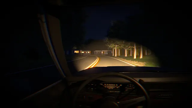 Mimic Search screenshot: the view from the patrol car's driver's seat along a dark road through trees