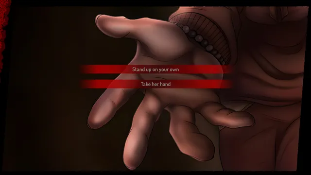 Mind the Gap screenshot: a hand reaches out over two choices, stand up on your own or take her hand