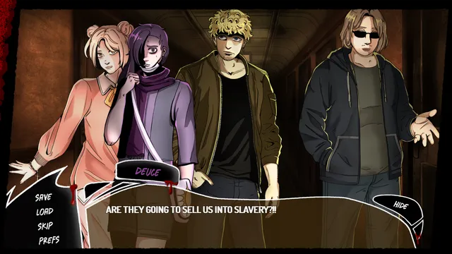 Mind the Gap screenshot: four passengers in a train corridor as one shouts are they going to sell us into slavery