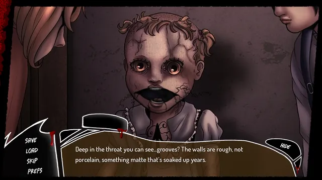 Mind the Gap screenshot: a cracked porcelain doll with an open black mouth stares from the shadows