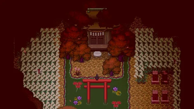 A blood-red shrine courtyard with a torii gate and autumn trees in the Otherworld