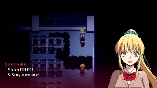 A dark computer room where a frightened blonde student, Saotome, screams at someone to stay away