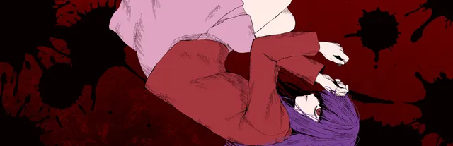 Misao key art: a purple-haired girl in a red school uniform lying with her face covered by her hands among dark red splashes