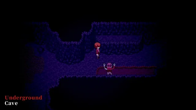 The player walking through a dark purple underground cave as a ghostly figure rises from the ground