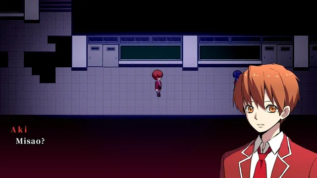 A dark school corridor in pixel art, with a portrait of Aki, a red-haired student in a red blazer, asking Misao?