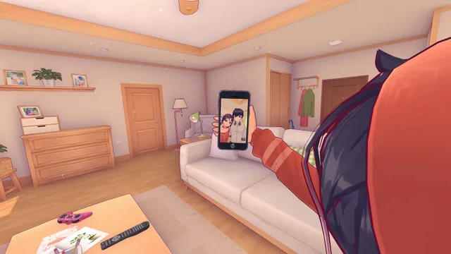 MiSide screenshot: Mita holds up a phone to take a selfie with you in her living room