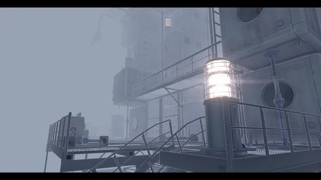 MiSide screenshot: a foggy grey industrial platform lit by a single lamp