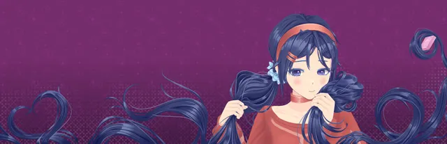 MiSide key art: Mita, an anime girl with long dark blue hair, smiles as her hair curls into heart shapes
