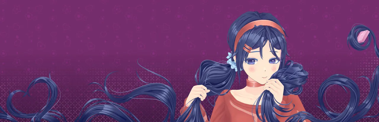 MiSide key art: Mita, an anime girl with long dark blue hair, smiles as her hair curls into heart shapes