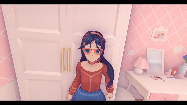 MiSide screenshot: Mita in glasses stands in a pink bedroom doorway, staring at you