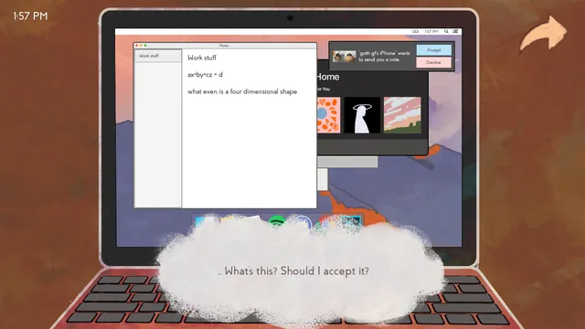 missed messages. screenshot: a laptop screen shows an airdrop request from goth gf's iPhone, with the thought Should I accept it?