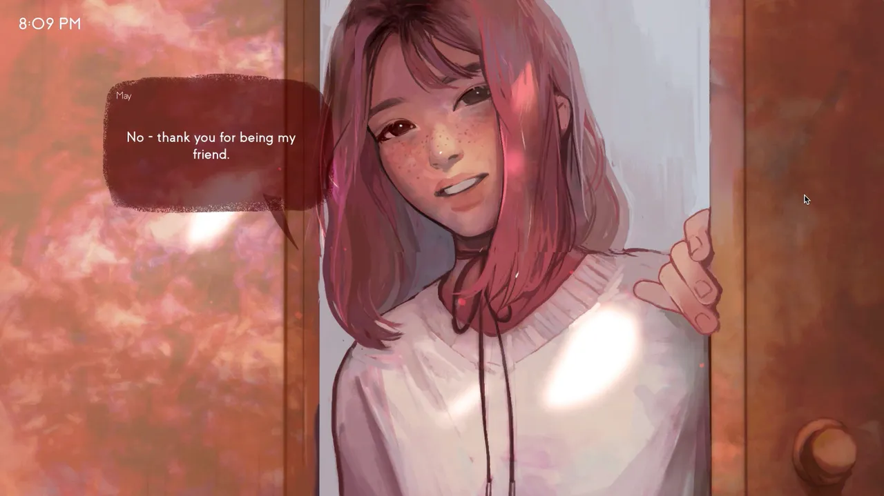 missed messages. screenshot: May, a girl with pink hair and freckles, smiles from a doorway beside a speech bubble thanking you for being her friend
