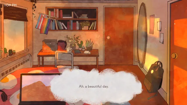 missed messages. screenshot: a sunlit painted bedroom with a desk, bookshelf and pride flag, and the line Ah, a beautiful day