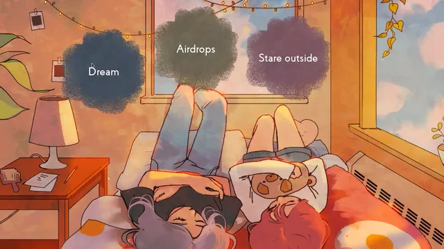 missed messages. screenshot: two friends lie on a bed by a window as choice bubbles read Dream, Airdrops and Stare outside