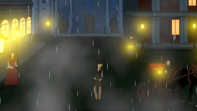 A foggy, rain-swept Victorian street at night with a woman in red, a man and a horse-drawn carriage