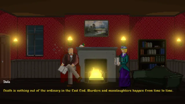 Sheila and her father by the fireplace in a red parlour, with the line Death is nothing out of the ordinary in the East End