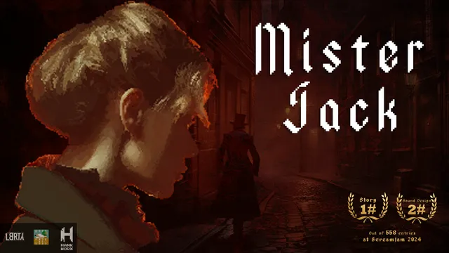 Mister Jack key art: a young woman in profile in the foreground and a figure in a top hat in a red, foggy cobbled alley