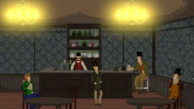 A Victorian pub with patrons at the bar and tables under bright chandeliers