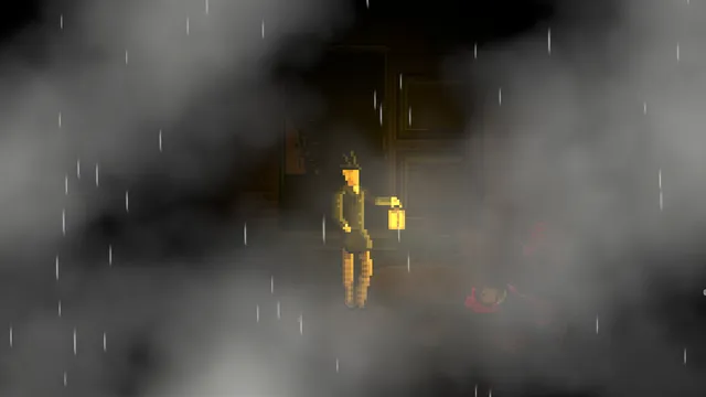 A figure with a lantern stands over a body in thick fog and rain at night