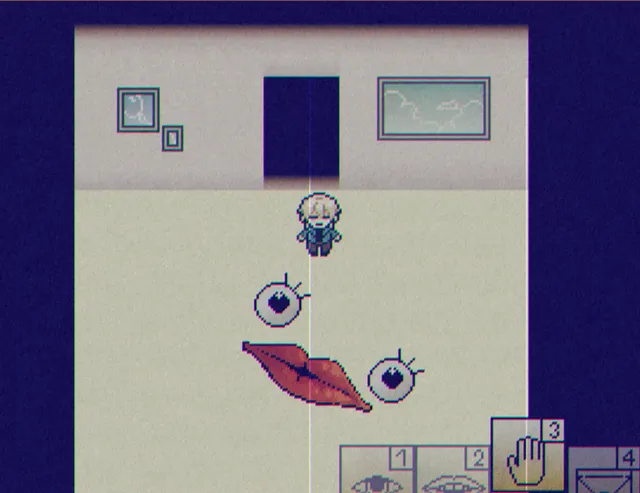 Mistrick screenshot: John stands in a pale pixel-art room as giant eyes and red lips lie on the floor in front of him