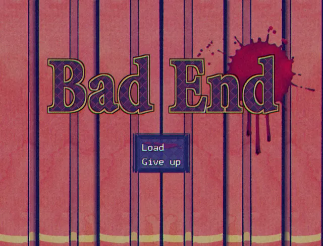 Mistrick screenshot: a Bad End screen splashed with blood, offering Load or Give up