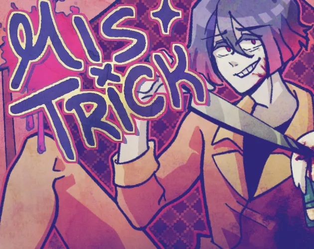 Mistrick cover: a grinning dark-haired man in an orange prison jumpsuit holds a bloodied knife beside the scrawled title