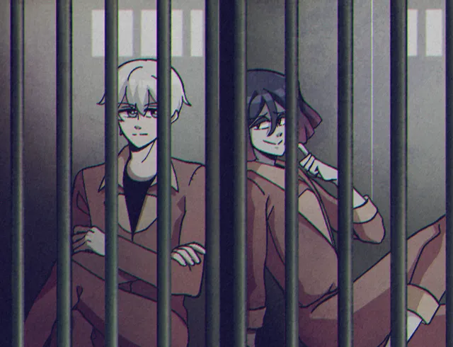 Mistrick screenshot: John and Chase sit behind prison bars in orange jumpsuits, in drawn anime style