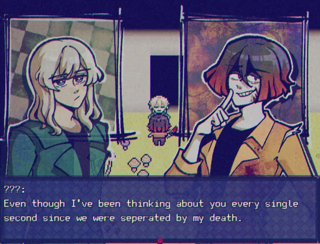 Mistrick screenshot: John and a smiling, blood-spattered Chase in portrait above a pixel garden, as Chase says he has thought of John every second since his death