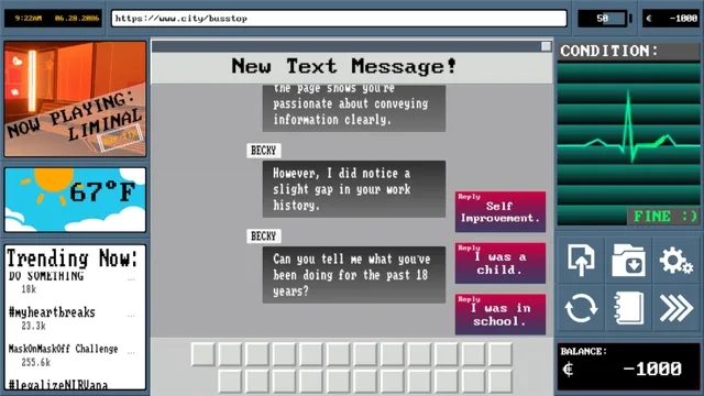 Model Employee screenshot: a job interview held over text messages, asking what you have been doing for the past 18 years