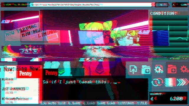 Model Employee screenshot: the screen breaking up in red and blue glitches as Penny speaks