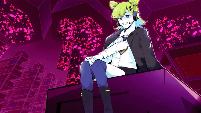Model Employee art: Penny, the green-haired AI with a headset and tie, sitting above a pink-lit city