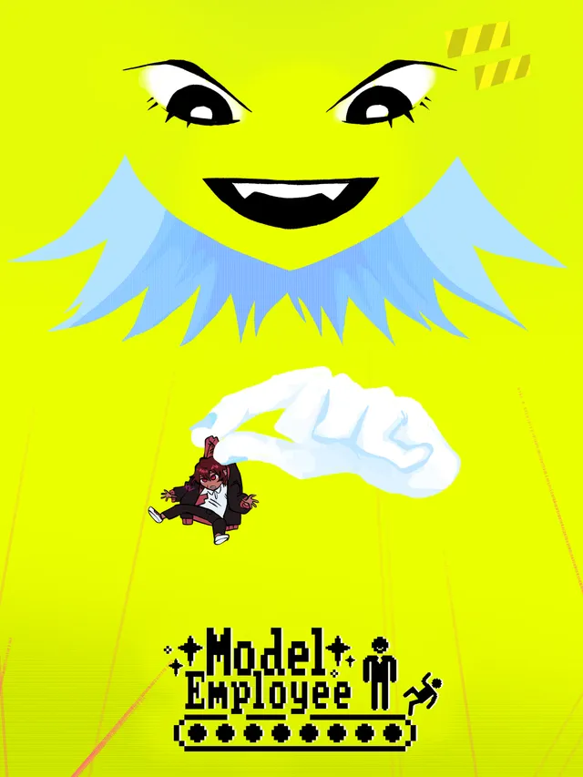 Model Employee poster: a giant grinning face with blue wings above a tiny worker, and the Model Employee logo