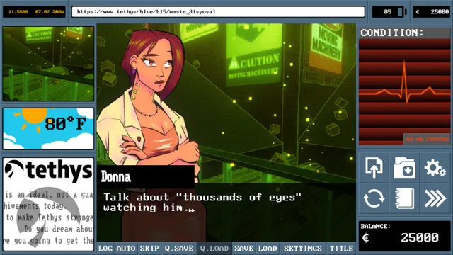 Model Employee screenshot: Donna in the green-lit waste disposal area, inside a work-terminal interface with a heart monitor and balance