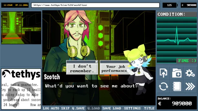 Model Employee screenshot: Scotch on the warehouse workfloor with a small Penny beside him and two reply choices