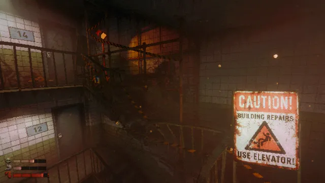 MOLDRISE: a rusty stairwell between floors 12 and 14 with a Caution Building Repairs Use Elevator sign