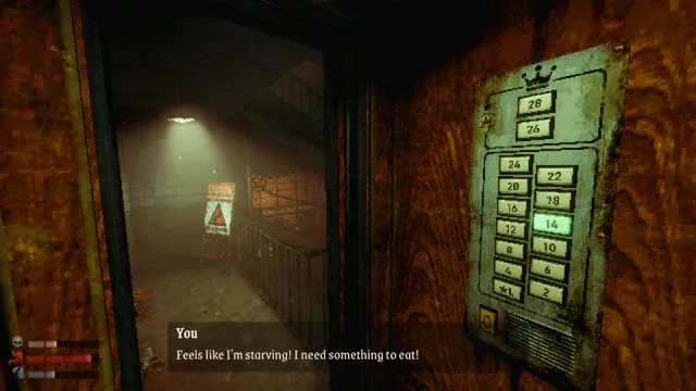 MOLDRISE: an elevator panel with floor buttons beside a dim corridor, the player saying Feels like I'm starving