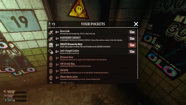 MOLDRISE: the Your Pockets inventory listing drinks, snacks, anti-fungal lotion and junk items on floor 19