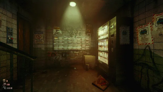 MOLDRISE: a grimy tiled lobby under a single ceiling light, with rows of mailboxes and a glowing vending machine