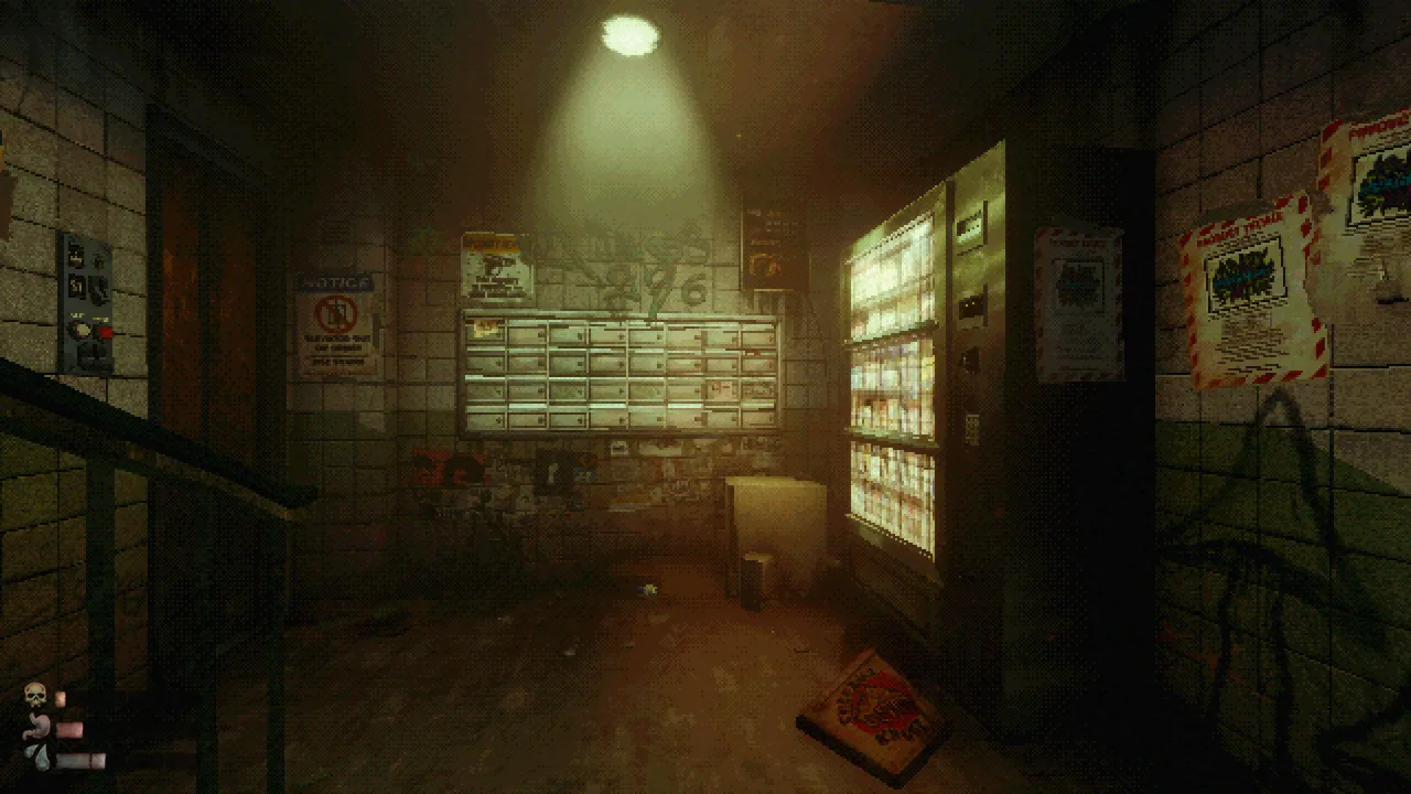 MOLDRISE: a grimy tiled lobby under a single ceiling light, with rows of mailboxes and a glowing vending machine