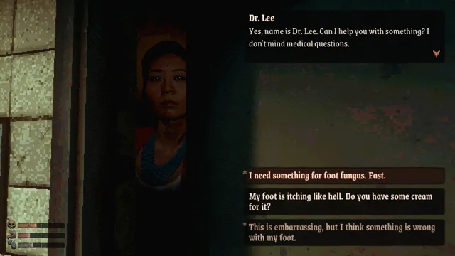 MOLDRISE: talking to Dr. Lee at her door, with dialogue choices asking for something for foot fungus