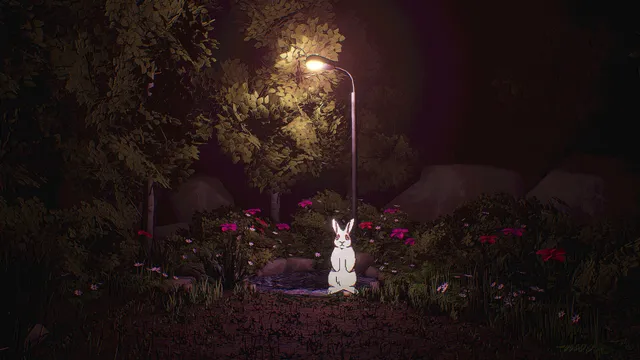 MOLE screenshot: a white rabbit sitting under a street lamp in a dark garden