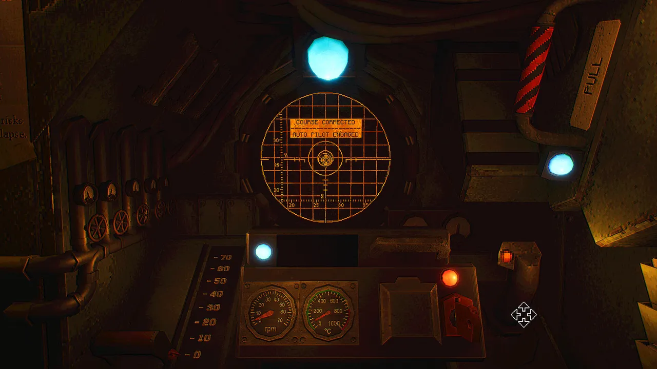MOLE screenshot: the drilling vessel's cockpit of gauges, dials and an amber radar screen