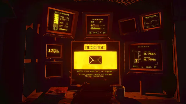 MOLE screenshot: amber monitors with a flashing message icon and a date of 12 November 1982
