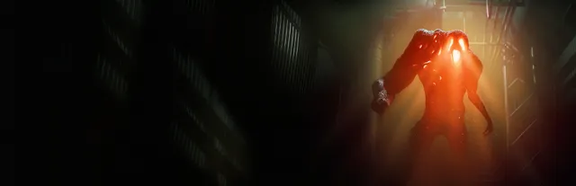 Monstrum key art: a hulking orange-lit monster with a glowing face fills a dark ship corridor