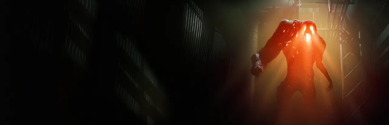 Monstrum key art: a hulking orange-lit monster with a glowing face fills a dark ship corridor
